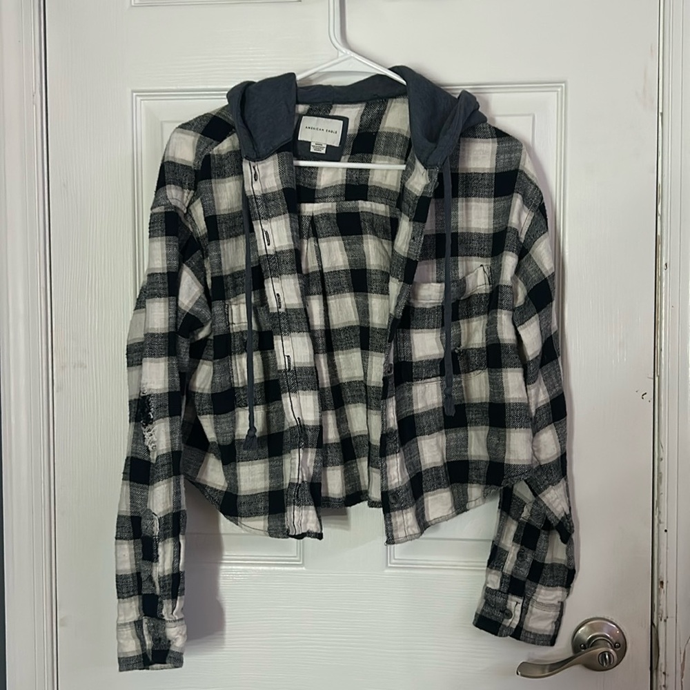 Distressed Cropped American Eagle Flannel with Hood